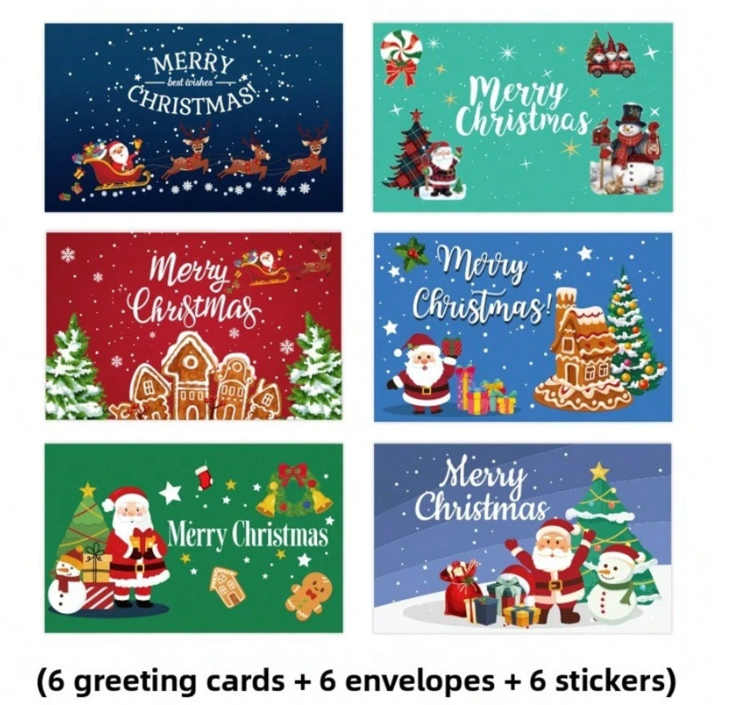 Christmas Greeting Cards 6-Pack With Envelopes & Stickers - 6 Unique Merry Christmas Designs